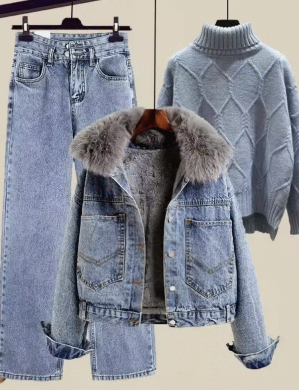Ensemble 3 pièces pour femme – Veste en jean doublée polaire-haut-short